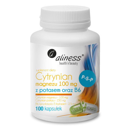 Aliness Cytrynian Magnezu 100 mg z potasem 150 mg, B6 P-5-P - 100 Kapsułek Aliness Cytrynian Magnezu 100 mg z potasem 150 mg, B6 P-5-P - 100 Kapsułek