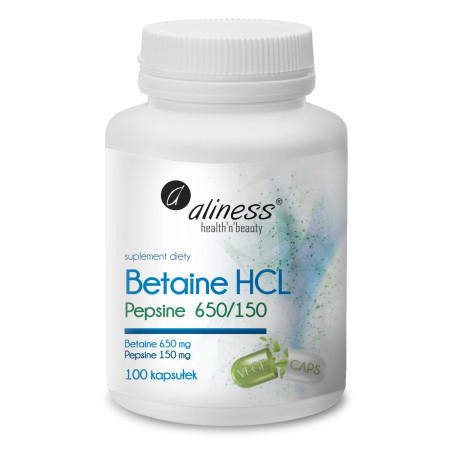 Aliness Betaine HCL + Pepsyna 650/150 mg - 100 Kapsułek Aliness Betaine HCL + Pepsyna 650/150 mg - 100 Kapsułek