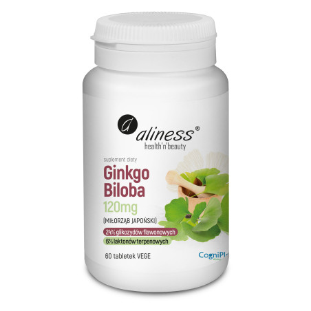 Aliness Ginkgo Biloba (miłorząb japoński) 120 mg - 60 Tabletek Aliness Ginkgo Biloba (miłorząb japoński) 120 mg - 60 Tabletek